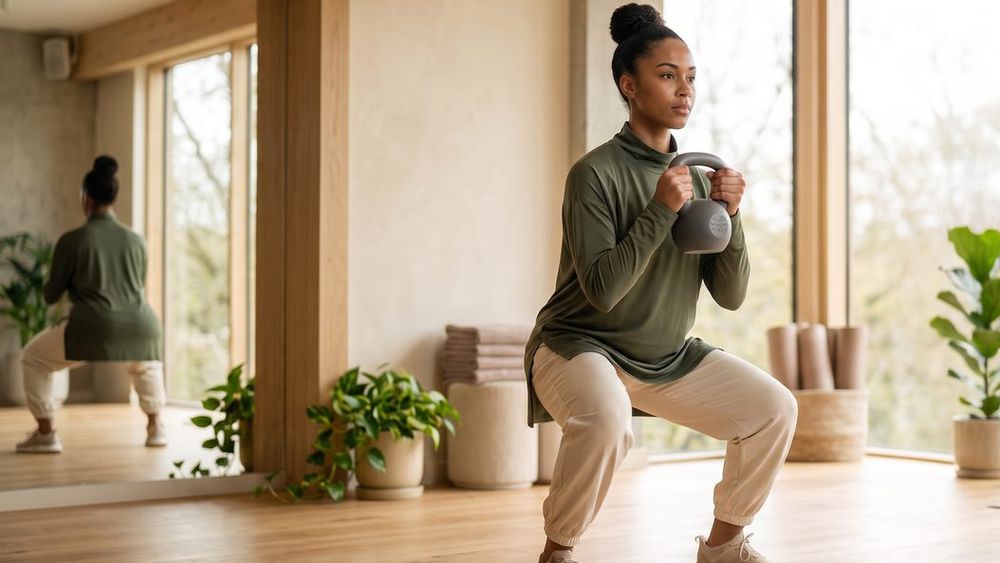 Woman doing a kettlebell squat in a bright studio