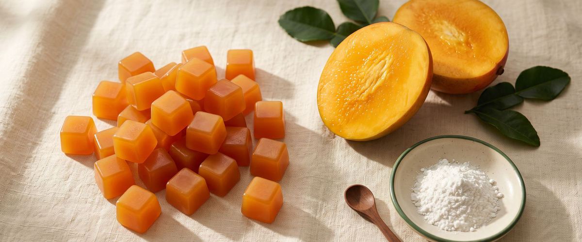 Mango Rush gummies beside fresh mango and a small bowl of creatine powder