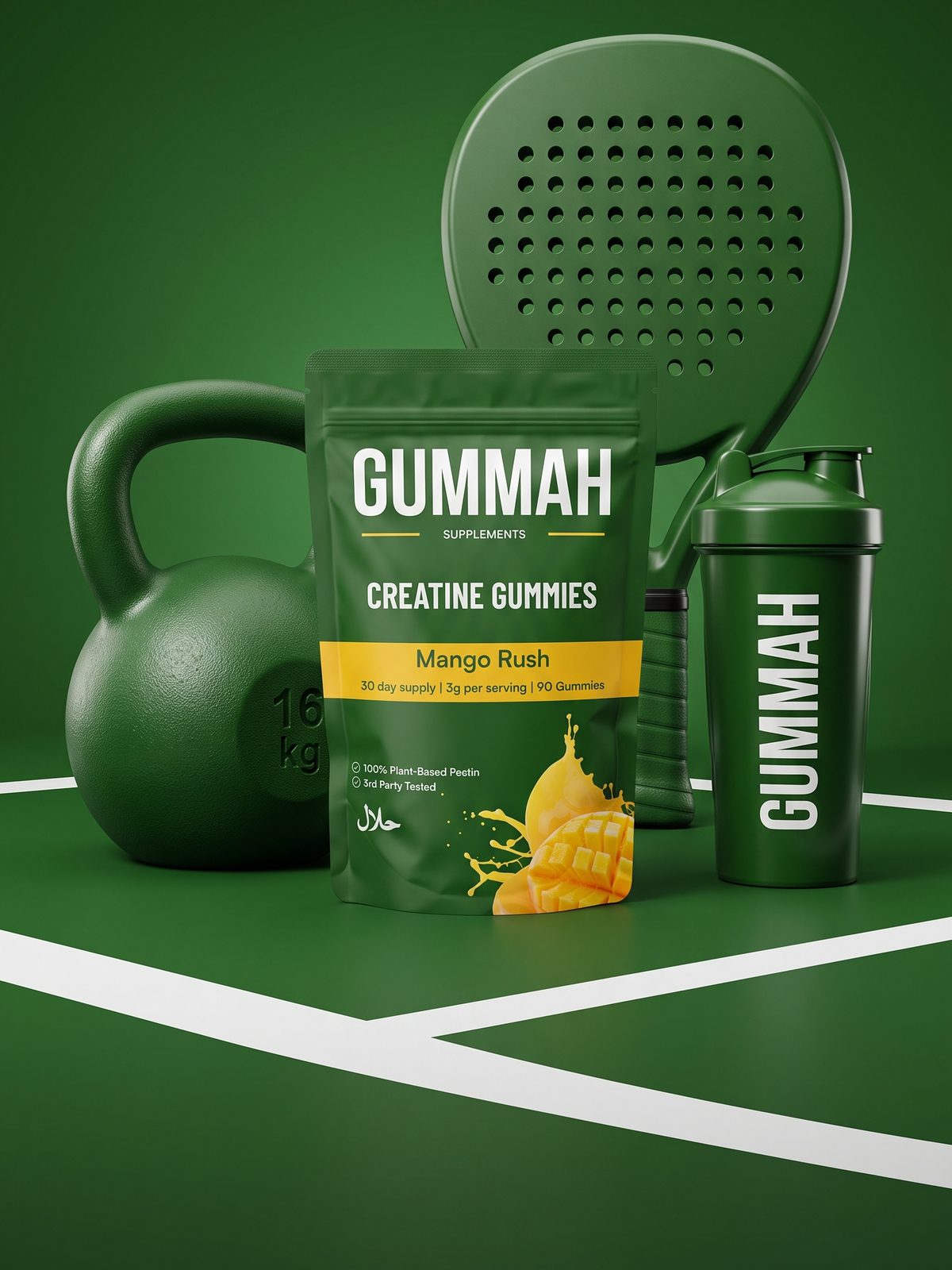 Gummah Mango Rush pouch with a green kettlebell and padel racket on a green court