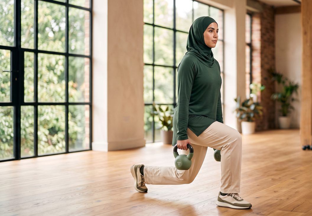 A woman in a hijab doing a lunge while holding two kettlebells