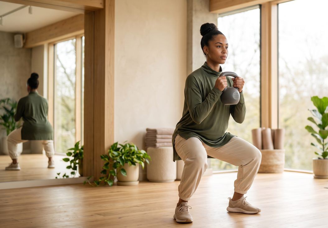 A woman doing a kettlebell squat in a bright studio